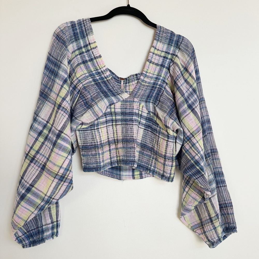 Free People Plaid Puff Sleeve Cropped Blouse XS